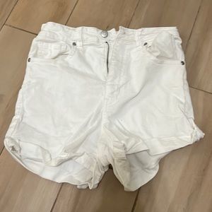 High rise white denim shorts